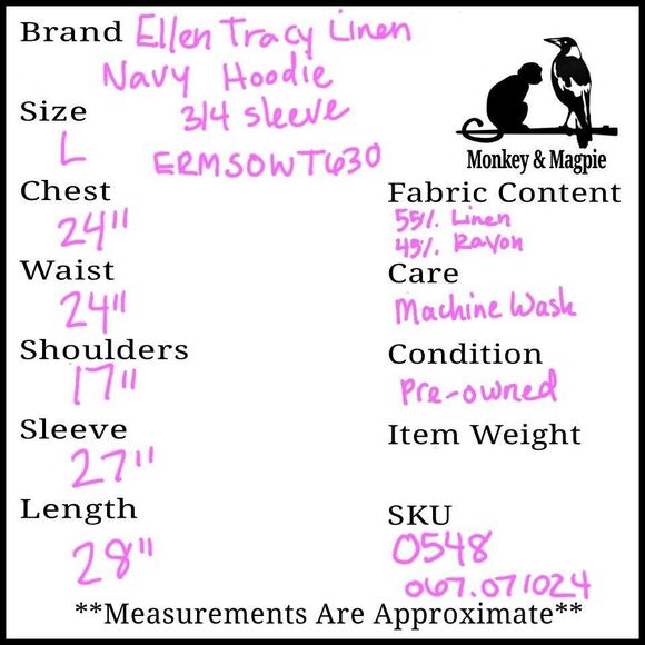 Ellen Tracy Linen Blend Navy Blue 3/4 Sleeve Loose Fit Hoodie Large - Picture 9 of 9